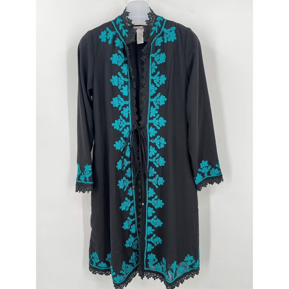 Soft Surroundings Black Duster Turquoise Embroidery Exotic Kashmiri Size S